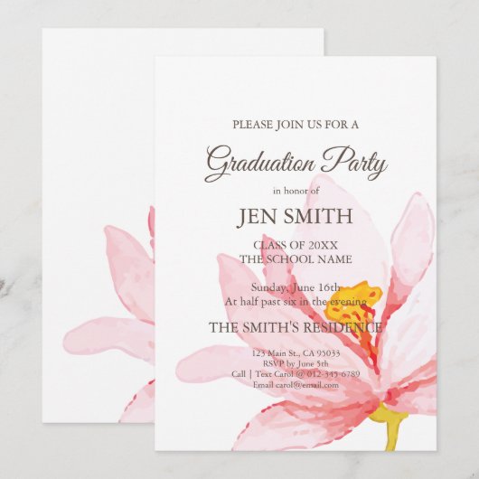 Waterverf Floral Graduation Party Invitation. Kaart (Voorkant / Achterkant)