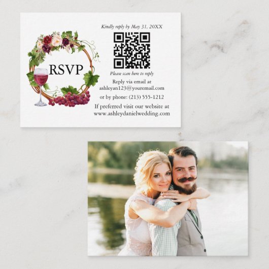 Waterverf Floral Grape Vines met foto RSVP QR Informatiekaartje (Voorkant / Achterkant)