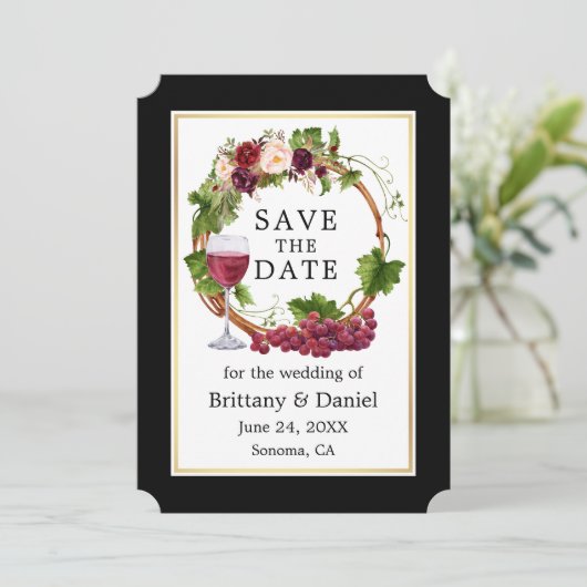 Waterverf Floral Grapes met zwarte goudmakreel Save The Date (Staand voorkant)