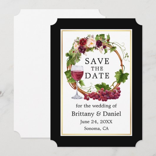 Waterverf Floral Grapes met zwarte goudmakreel Save The Date (Voorkant / Achterkant)