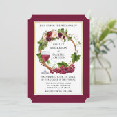 Waterverf Floral Grapes Wreath Burgundy Wedding Kaart (Staand voorkant)