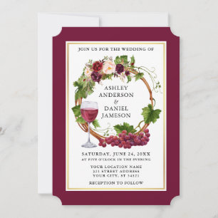 Waterverf Floral Grapes Wreath Burgundy Wedding Kaart