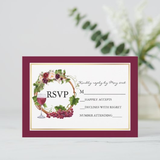 Waterverf Floral Grapes Wreath Burgundy Wedding RSVP Kaartje (Staand voorkant)