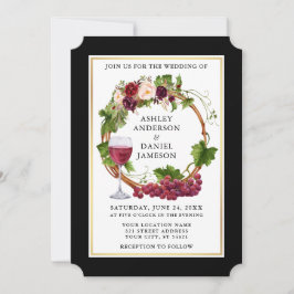 Waterverf Floral Grapes Wreator Black Gold Wedding Kaart