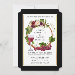 Waterverf Floral Grapes Wreator Black Gold Wedding Kaart