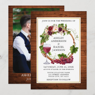 Waterverf Floral Grapes WreatPhoto Wood Wedding Kaart