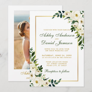 Waterverf Floral Green en Gold Photo Wedding Kaart