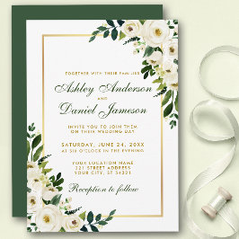 Waterverf Floral Green en Gold Wedding Kaart