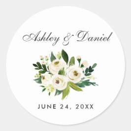 Waterverf Floral Green en White Wedding Ronde Sticker