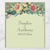 Waterverf Floral Green & Pink Wedding Wijn Etiket (Enkel label)