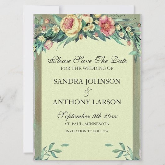 Waterverf Floral Green & Roze sparen de Datum Save The Date (Voorkant)