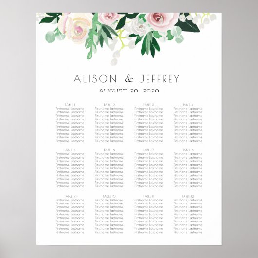 Waterverf Floral Green Wedding Seating Chart Poster (Voorkant)