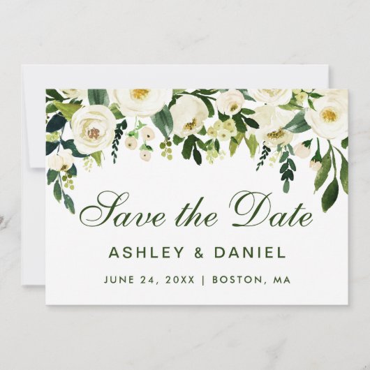 Waterverf Floral Green White bewaart de datum BGS Save The Date (Voorkant)