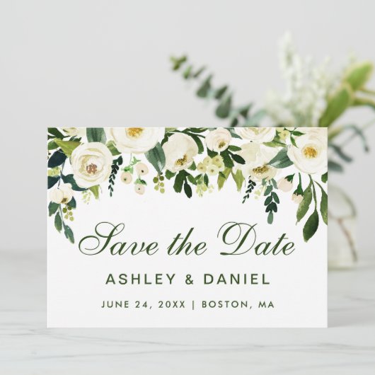 Waterverf Floral Green White bewaart de datum BGS Save The Date (Staand voorkant)