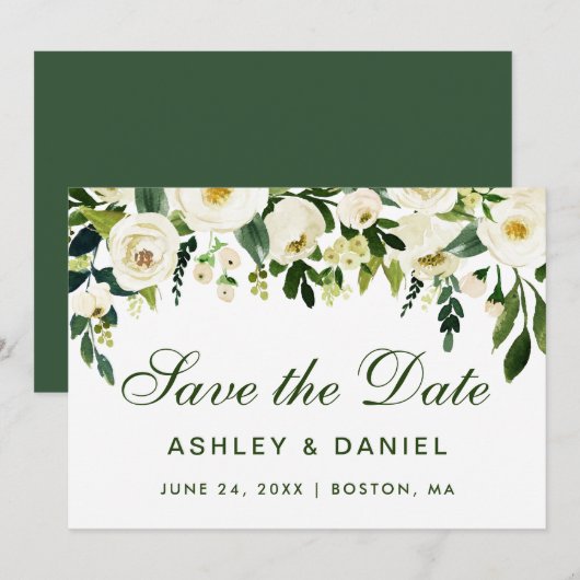 Waterverf Floral Green White bewaart de datum BGS Save The Date (Voorkant / Achterkant)