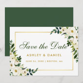 Waterverf Floral Green White bewaart de datum Gold Save The Date (Voorkant / Achterkant)