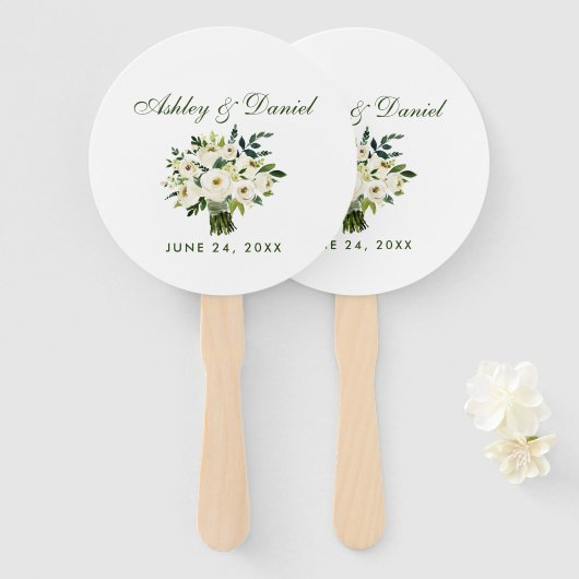 Waterverf Floral Green White Bouquet Wedding Handwaaier (Voorkant en achterkant)