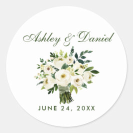 Waterverf Floral Green White Bouquet Wedding Ronde Sticker