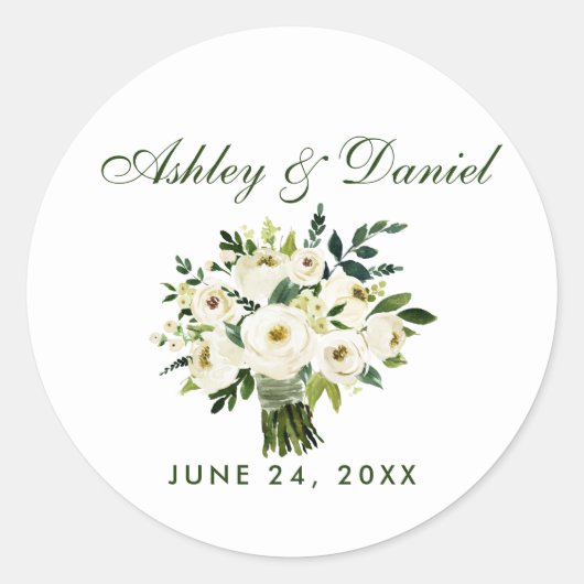 Waterverf Floral Green White Bouquet Wedding Ronde Sticker (Voorkant)