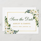 Waterverf Floral Green White Gold Save the Date (Voorkant / Achterkant)