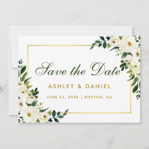 Waterverf Floral Green White Gold Save the Date
