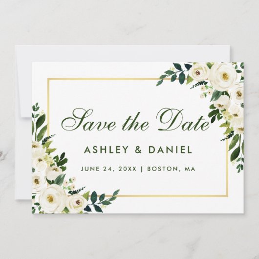 Waterverf Floral Green White Gold Save the Date G (Voorkant)