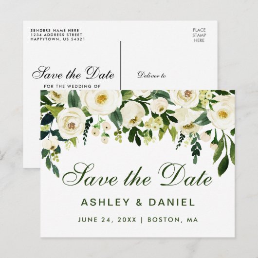 Waterverf Floral Green White Save the Date GS Aankondigingskaart (Voorkant / Achterkant)