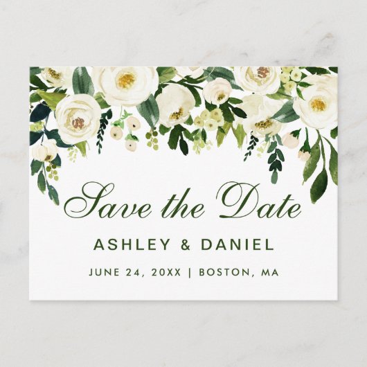 Waterverf Floral Green White Save the Date GS Aankondigingskaart (Voorkant)