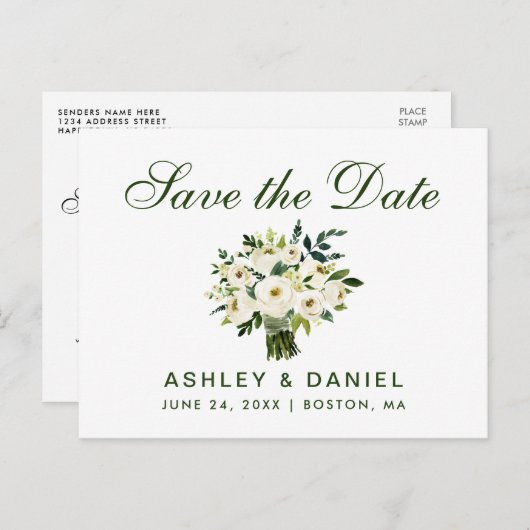 Waterverf Floral Green White slaat Datum B op Aankondigingskaart (Voorkant / Achterkant)