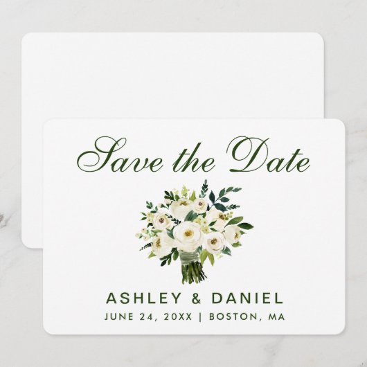 Waterverf Floral Green White slaat Datum B op Save The Date (Voorkant / Achterkant)