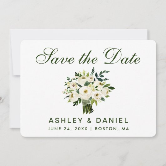 Waterverf Floral Green White slaat Datum B op Save The Date (Voorkant)