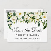 Waterverf Floral Green White slaat de datum op Aankondigingskaart (Voorkant / Achterkant)