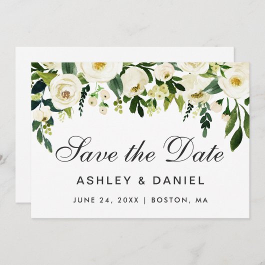 Waterverf Floral Green White slaat de datum op Save The Date (Voorkant / Achterkant)