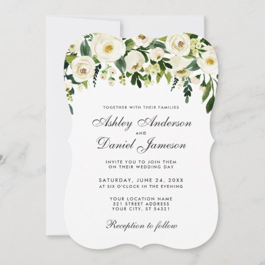 Waterverf Floral Green White Wedding Invitation B Kaart (Voorkant)