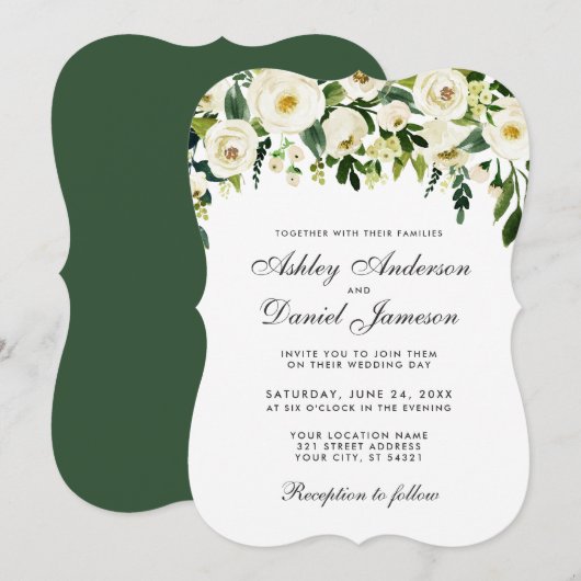 Waterverf Floral Green White Wedding Invitation E Kaart (Voorkant / Achterkant)