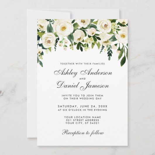 Waterverf Floral Green White Wedding Invitation Kaart (Voorkant)