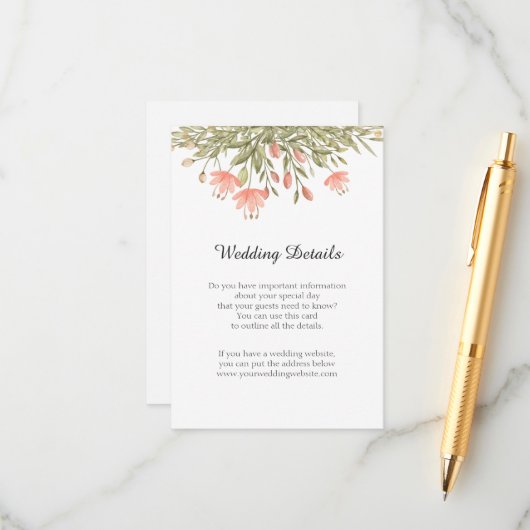 Waterverf Floral Greene Wedding Reception Details Informatiekaartje (Voorkant / Achterkant in situ)