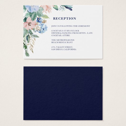 Waterverf Floral Greenery Navy Wedding Reception Visitekaartje (Voorkant /achterkant)