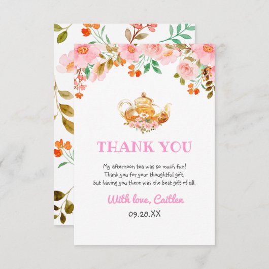 Waterverf Floral Greenery Teapot Party Birthday Bedankkaart (Voorkant / Achterkant)
