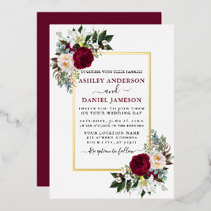 Waterverf Floral Greenery Wedding Burgundy Gold Folie Uitnodiging