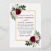 Waterverf Floral Greenery Wedding Burgundy Gold Folie Uitnodiging (Voorkant)