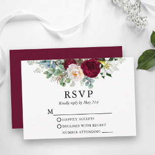 Waterverf Floral Greenery Wedding Burgundy RSVP Kaartje