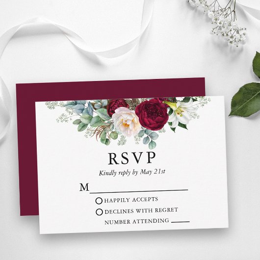 Waterverf Floral Greenery Wedding Burgundy RSVP Kaartje