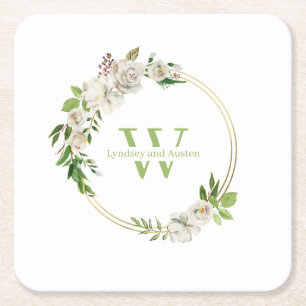 Waterverf Floral Greenery Wreath Monogram Wedding Kartonnen Onderzetters