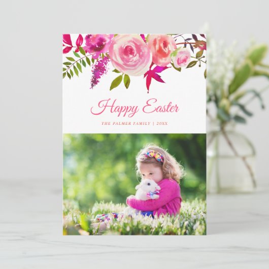 Waterverf Floral Happy Easter fotokaart Feestdagenkaart (Staand voorkant)