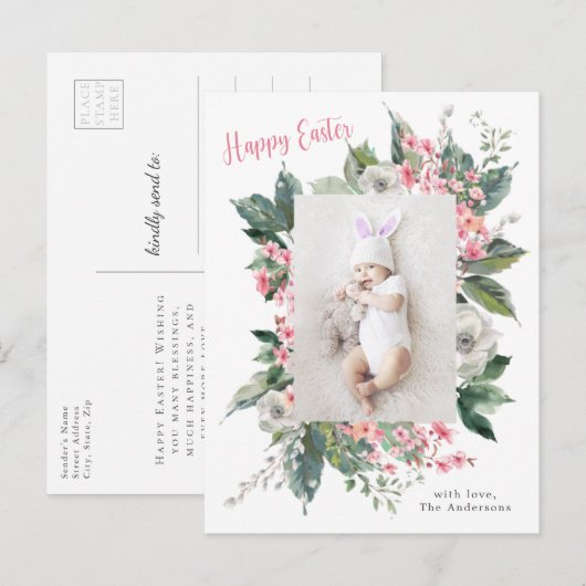 Waterverf Floral Happy Paasfoto Briefkaart (Voorkant / Achterkant)