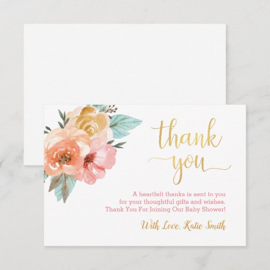 Waterverf Floral Hartelijk dank voor Roze en Gold  Bedankkaart (Voorkant / Achterkant)