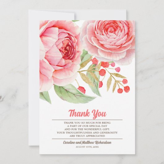 Waterverf Floral Hartelijk dank voor uw bruiloft Bedankkaart (Voorkant)