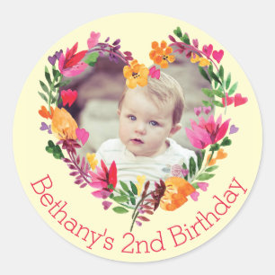 Waterverf Floral Heart Baby 2e verjaardag Foto Ronde Sticker