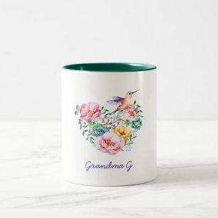 Waterverf Floral Heart Hummingbird Grandma Gift Tweekleurige Koffiemok
